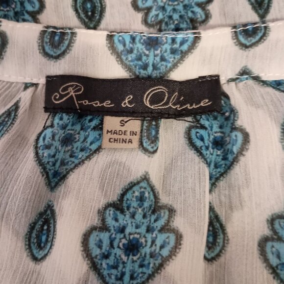 Rose + Olive Boho Tunic Blouse Blue Ivory Print Long Sleeve Top Size S - Picture 6 of 6